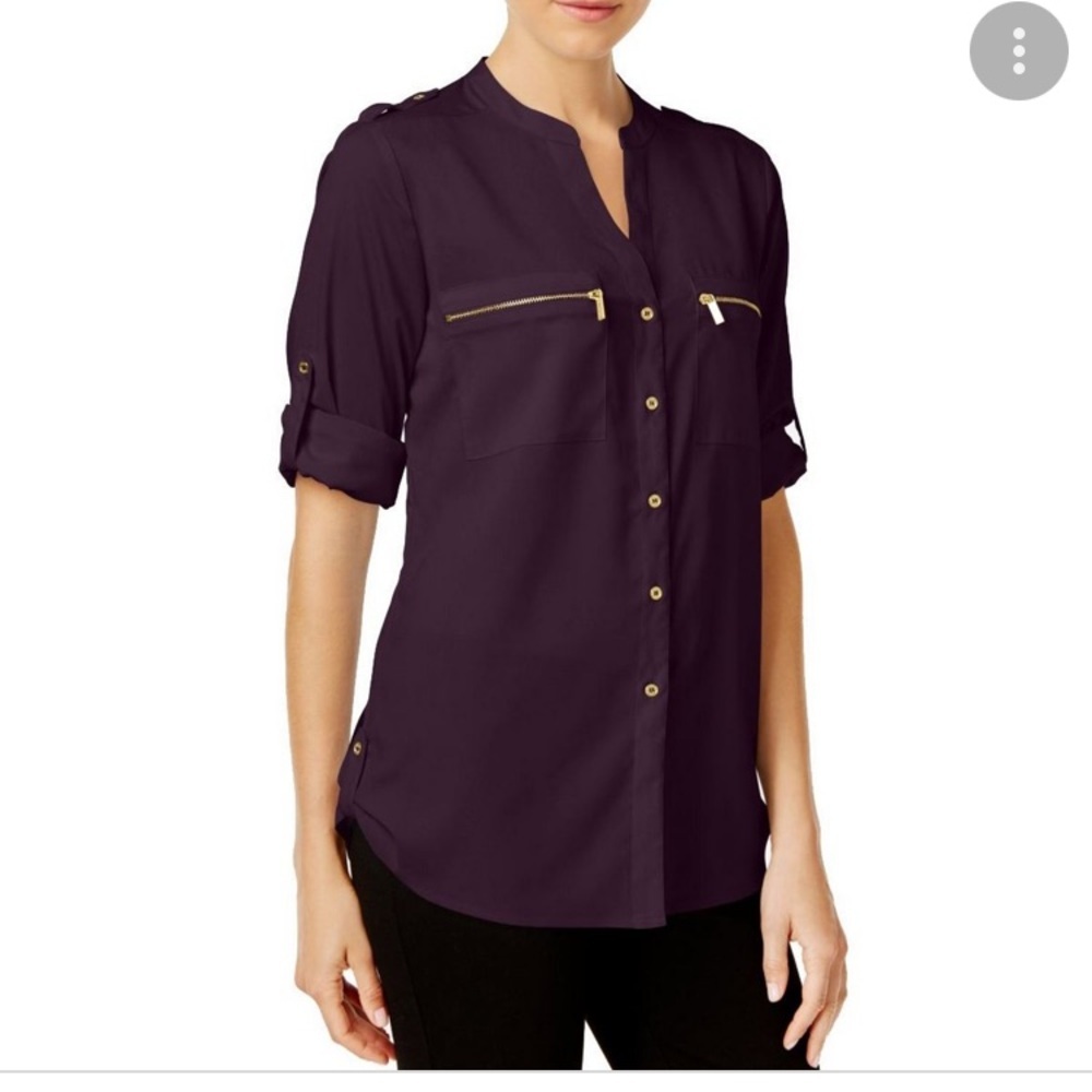 Guess Chiffon Button Down Shirt Top Black W/Gold Buttons Sleeves zip pockets